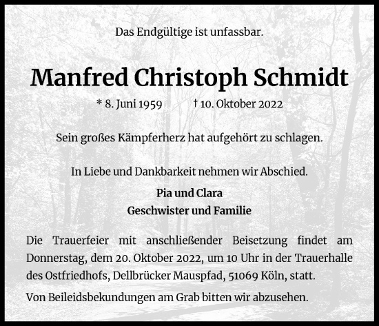 Anzeige von Manfred Christoph Schmidt von Kölner Stadt-Anzeiger / Kölnische Rundschau / Express