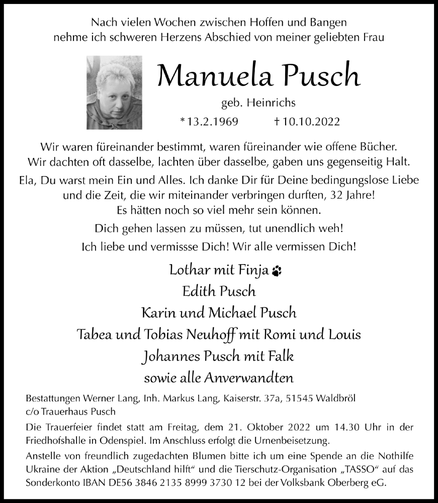  Traueranzeige für Manuela Pusch vom 14.10.2022 aus  Lokalanzeiger 