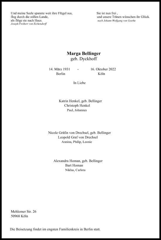 Anzeige von Marga Bellinger von Kölner Stadt-Anzeiger / Kölnische Rundschau / Express