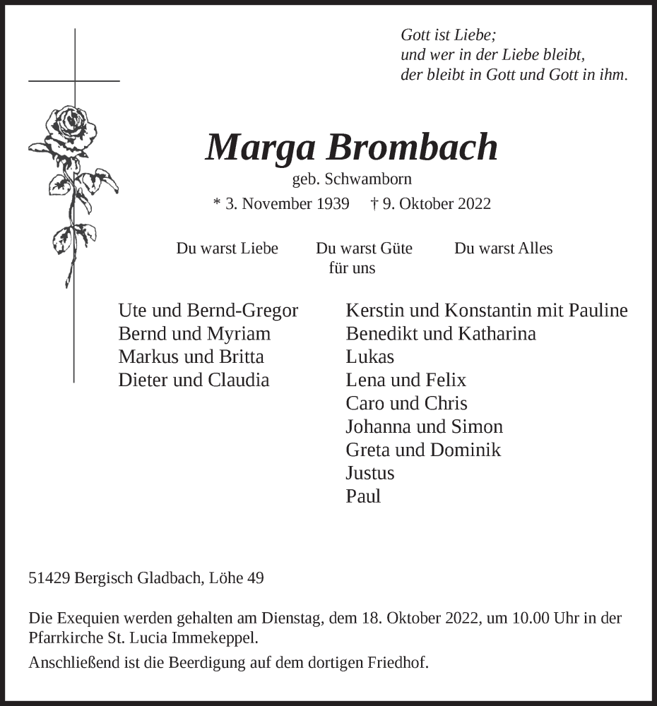  Traueranzeige für Marga Brombach vom 14.10.2022 aus  Bergisches Handelsblatt 