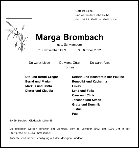 Anzeige von Marga Brombach von Kölner Stadt-Anzeiger / Kölnische Rundschau / Express