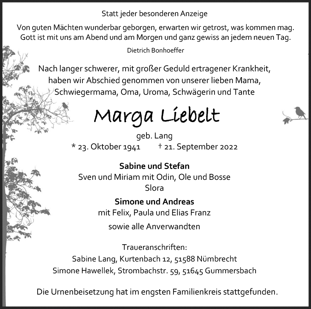  Traueranzeige für Marga Liebelt vom 08.10.2022 aus Kölner Stadt-Anzeiger / Kölnische Rundschau / Express