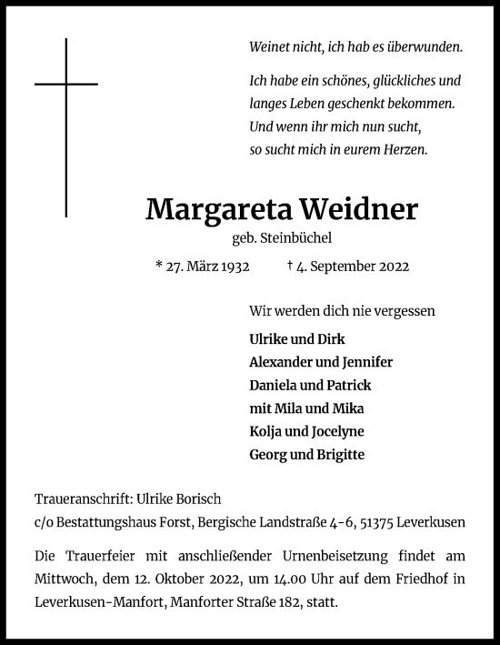 Anzeige von Margareta Weidner von Kölner Stadt-Anzeiger / Kölnische Rundschau / Express