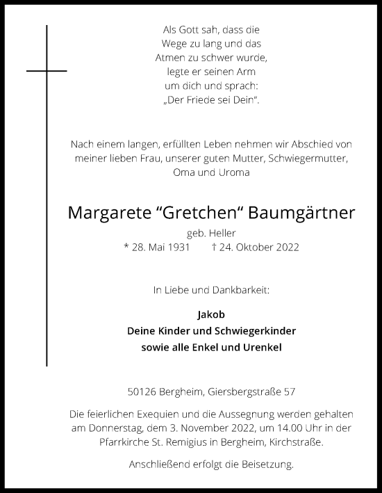 Anzeige von Margarete Baumgärtner von Kölner Stadt-Anzeiger / Kölnische Rundschau / Express