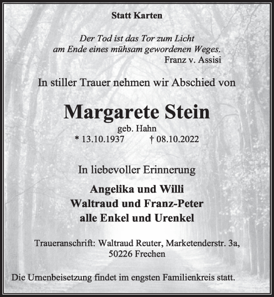 Anzeige von Margarete Stein von  Wochenende 