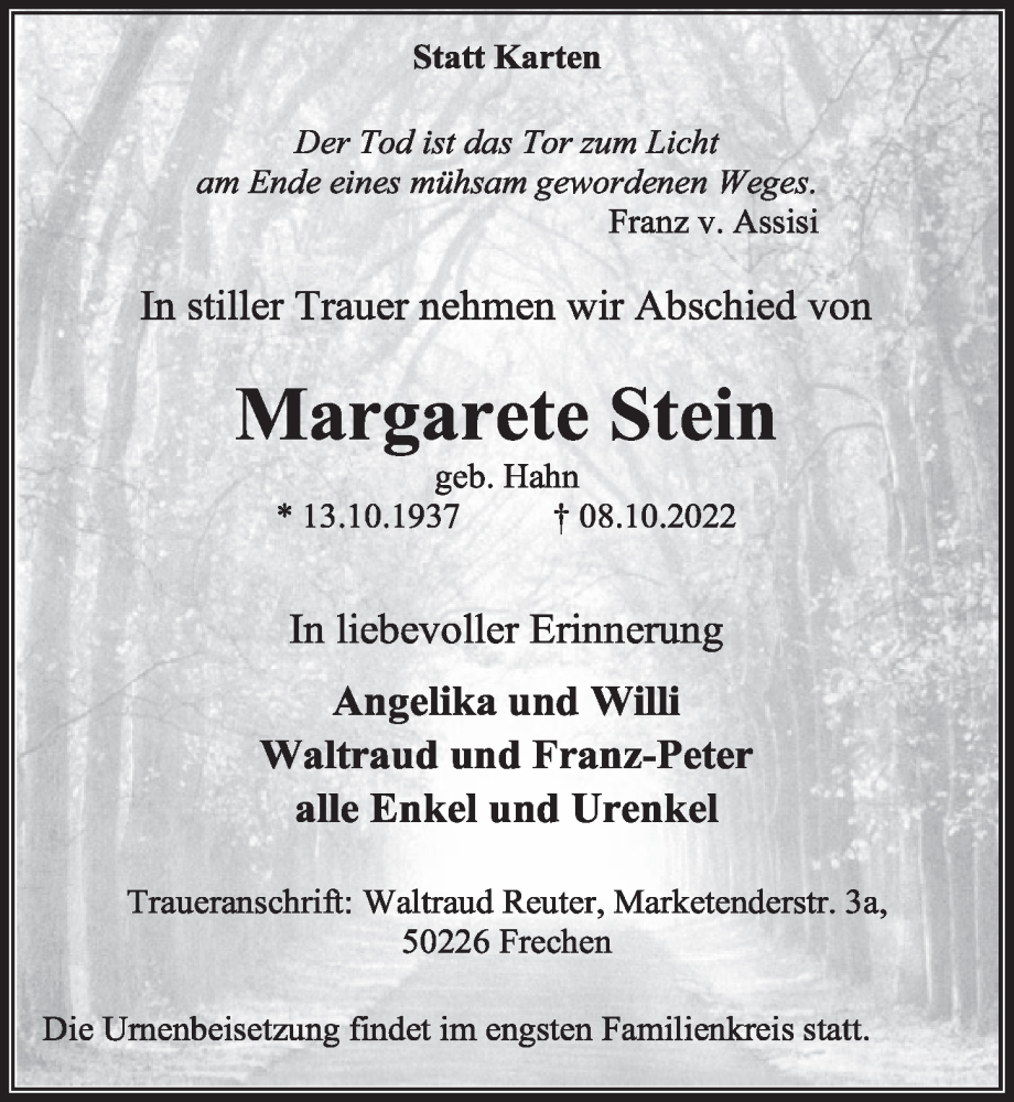  Traueranzeige für Margarete Stein vom 21.10.2022 aus  Wochenende 
