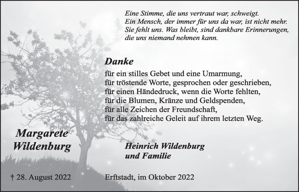  Traueranzeige für Margarete Wildenburg vom 28.10.2022 aus  Werbepost 