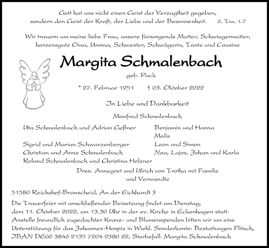 Anzeige von Margita Schmalenbach von Kölner Stadt-Anzeiger / Kölnische Rundschau / Express