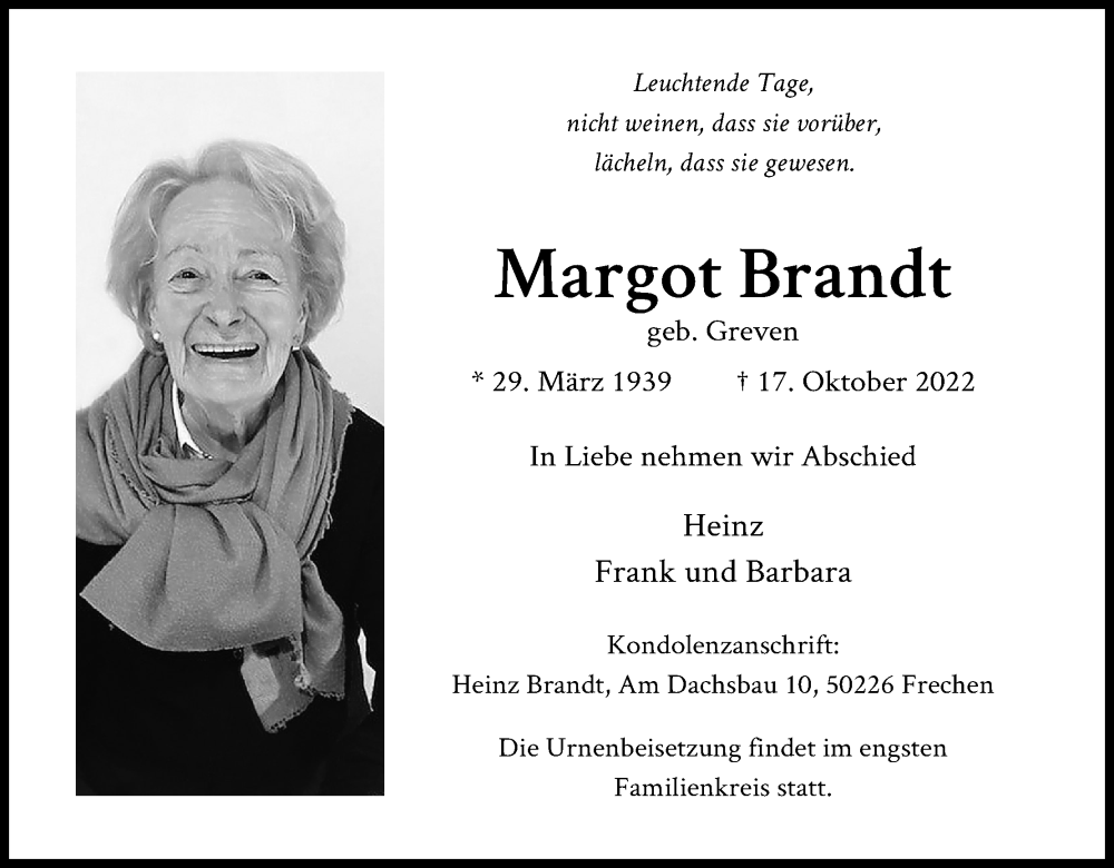  Traueranzeige für Margot Brandt vom 29.10.2022 aus Kölner Stadt-Anzeiger / Kölnische Rundschau / Express