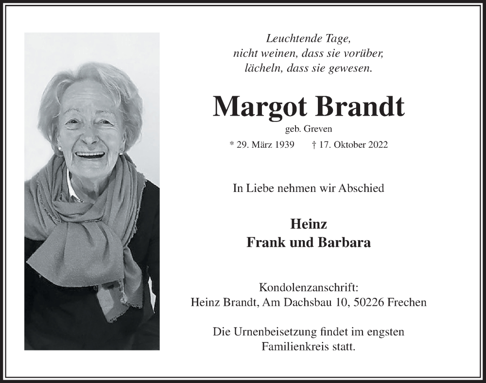  Traueranzeige für Margot Brandt vom 28.10.2022 aus  Wochenende 