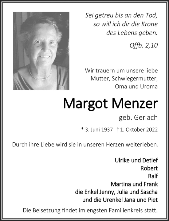Anzeige von Margot Menzer von  Bergisches Handelsblatt 
