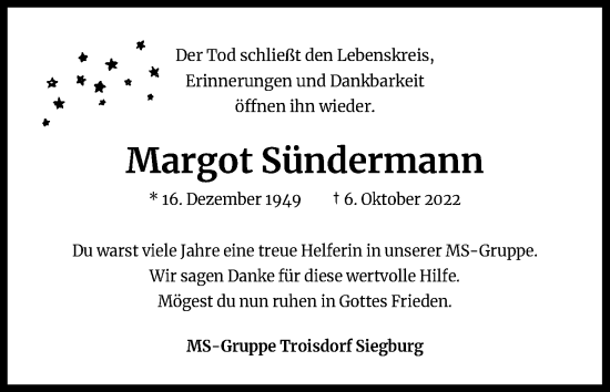 Anzeige von Margot Sündermann von Kölner Stadt-Anzeiger / Kölnische Rundschau / Express