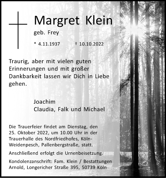Anzeige von Margret Klein von Kölner Stadt-Anzeiger / Kölnische Rundschau / Express