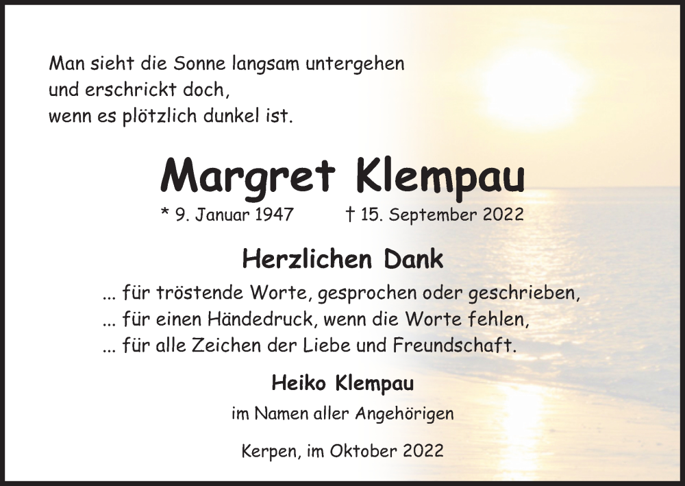  Traueranzeige für Margret Klempau vom 29.10.2022 aus Kölner Stadt-Anzeiger / Kölnische Rundschau / Express