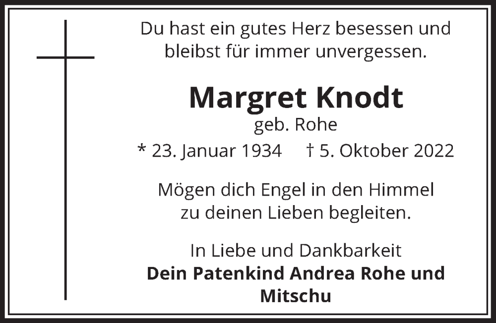  Traueranzeige für Margret Knodt vom 28.10.2022 aus  Werbepost 