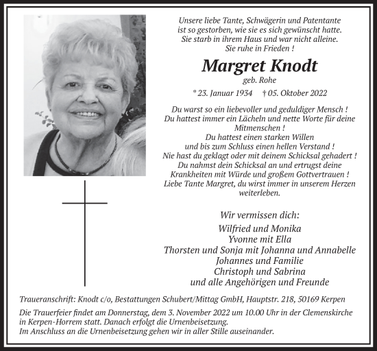 Anzeige von Margret Knodt von  Werbepost 