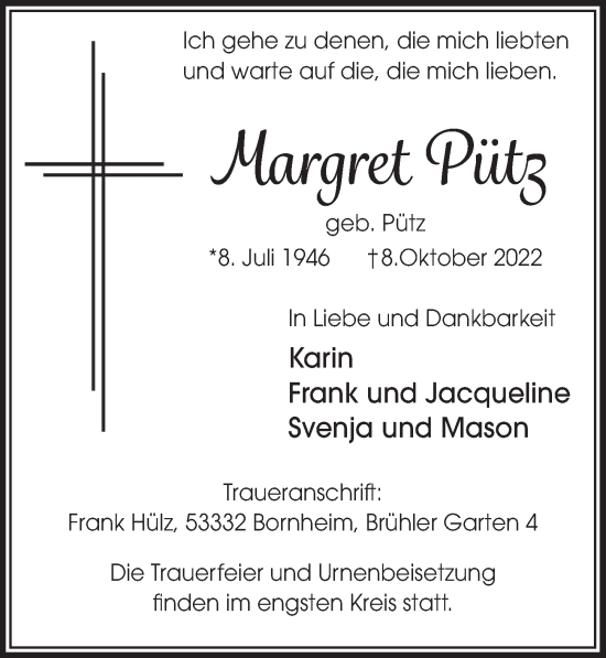 Anzeige von Margret Pütz von  EXPRESS - Die Woche 