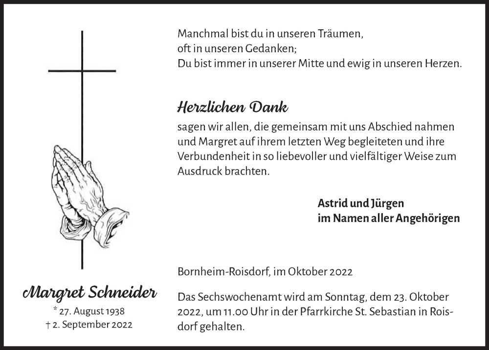  Traueranzeige für Margret Schneider vom 14.10.2022 aus  Schaufenster/Blickpunkt 