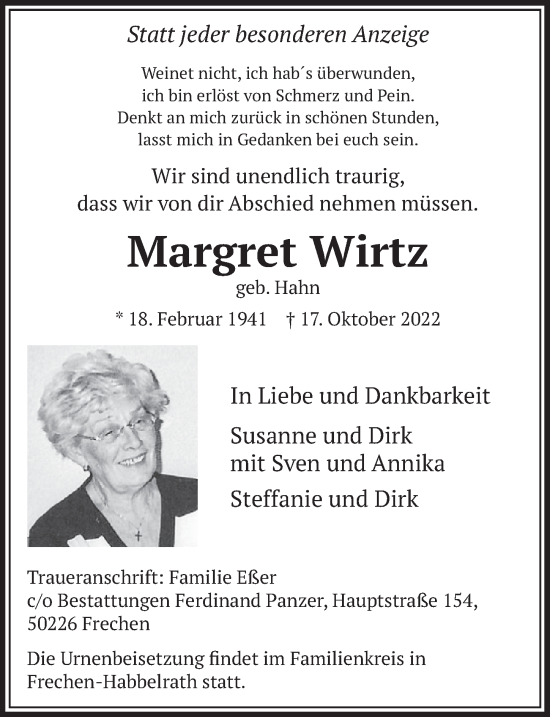 Anzeige von Margret Wirtz von  Wochenende 