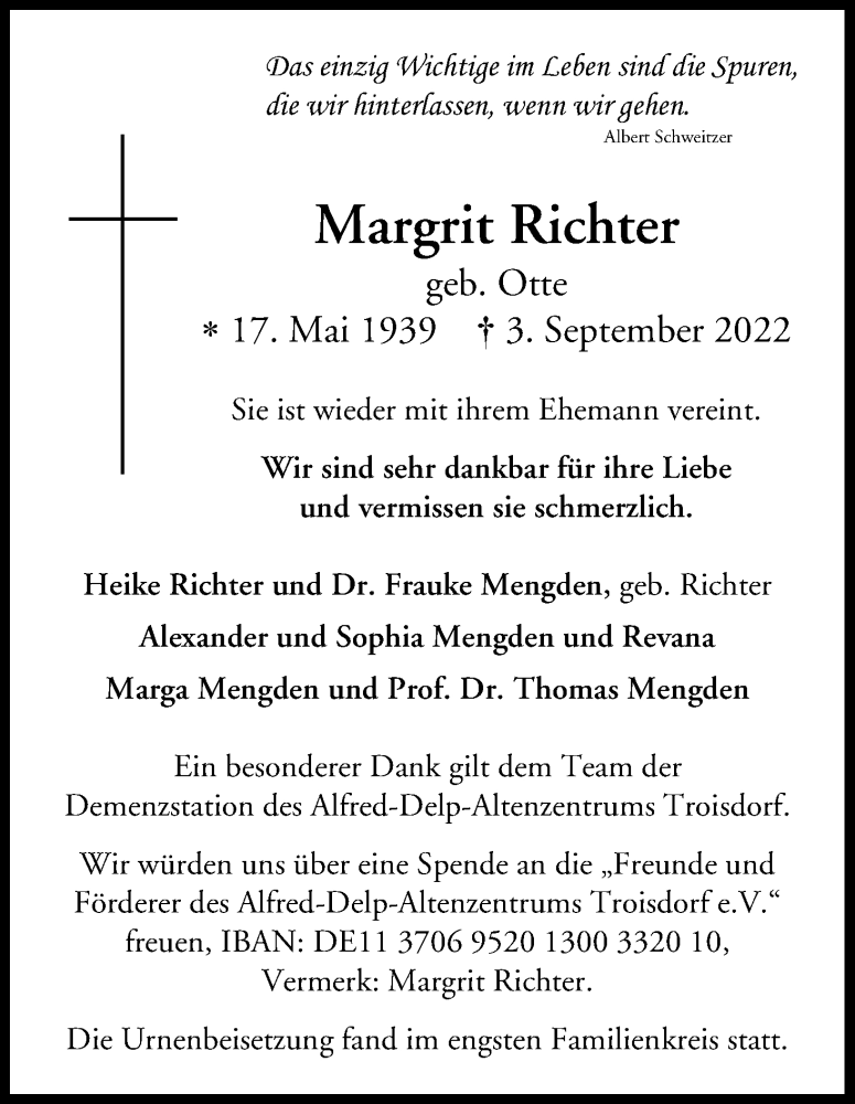  Traueranzeige für Margrit Richter vom 15.10.2022 aus Kölner Stadt-Anzeiger / Kölnische Rundschau / Express