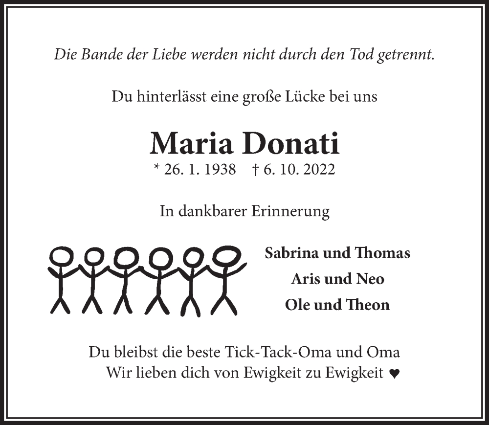  Traueranzeige für Maria Donati vom 21.10.2022 aus  Schlossbote/Werbekurier 