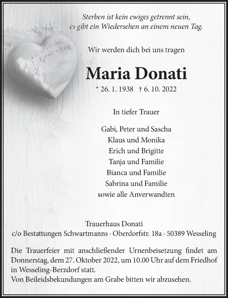  Traueranzeige für Maria Donati vom 21.10.2022 aus  Schlossbote/Werbekurier 