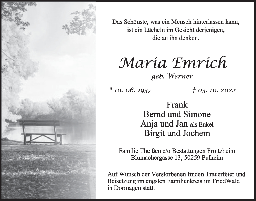  Traueranzeige für Maria Emrich vom 14.10.2022 aus  Wochenende 