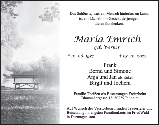 Anzeige von Maria Emrich von  Wochenende 