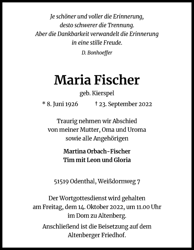 Traueranzeige für Maria Fischer vom 08.10.2022 aus Kölner Stadt-Anzeiger / Kölnische Rundschau / Express