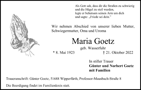 Anzeige von Maria Goetz von Kölner Stadt-Anzeiger / Kölnische Rundschau / Express