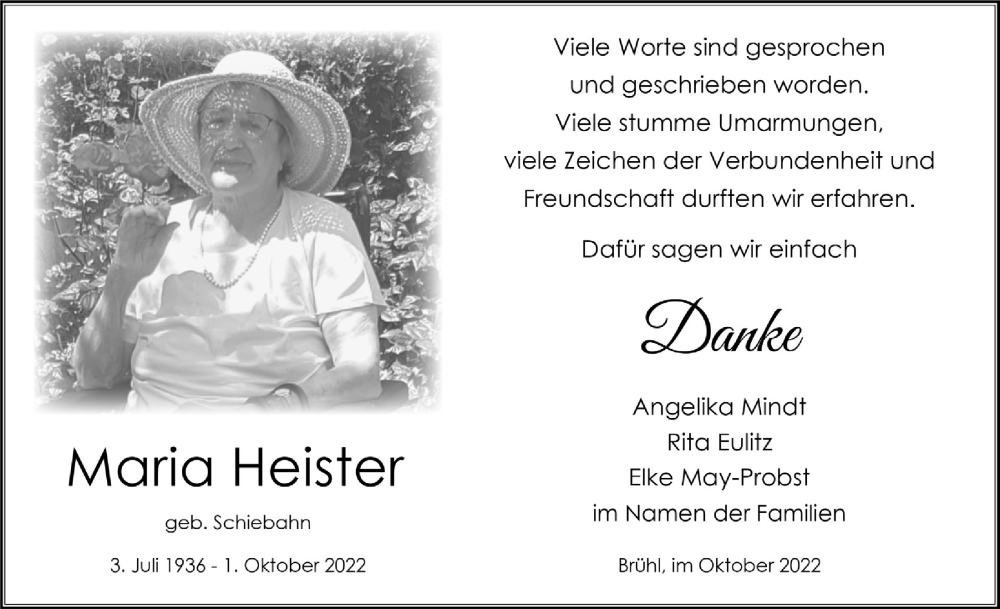  Traueranzeige für Maria Heister vom 28.10.2022 aus  Schlossbote/Werbekurier 