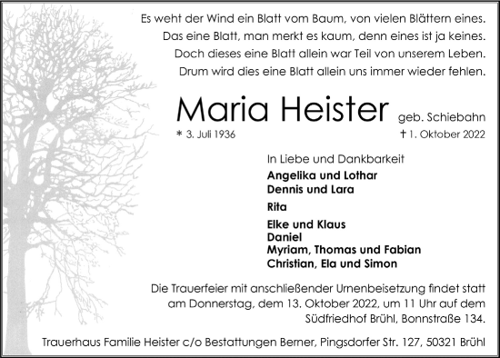 Anzeige von Maria Heister von  Schlossbote/Werbekurier 