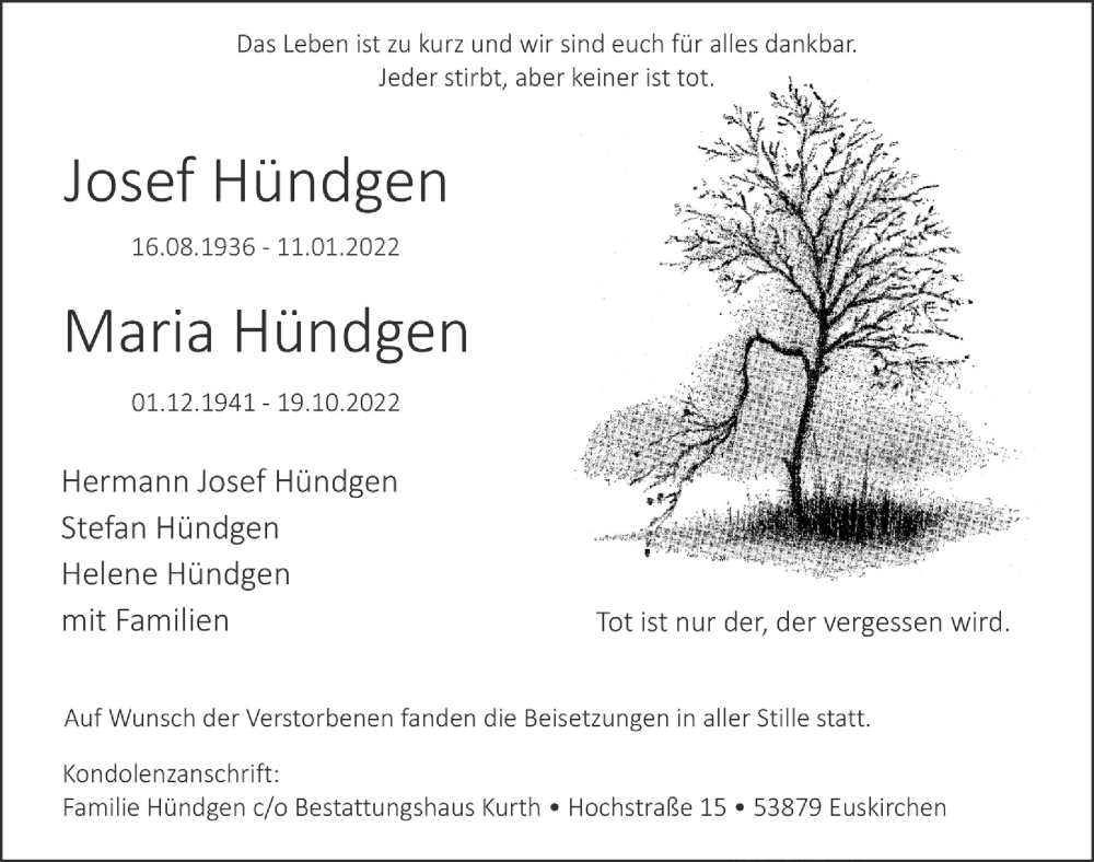  Traueranzeige für Maria Hündgen vom 29.10.2022 aus  Blickpunkt Euskirchen 