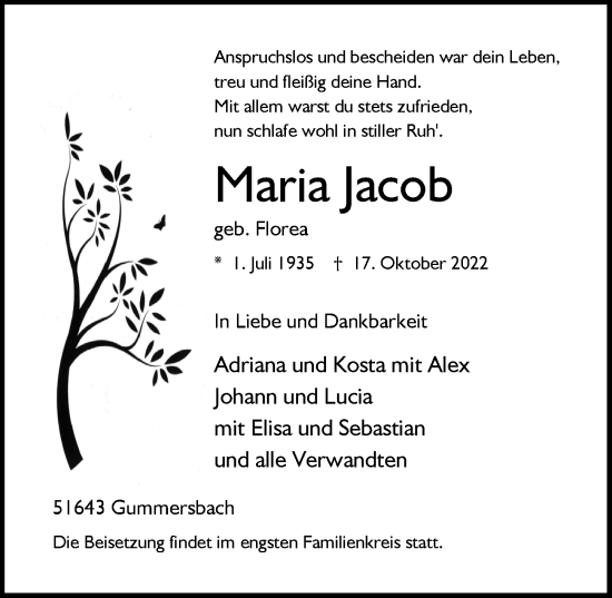 Anzeige von Maria Jacob von  Anzeigen Echo 