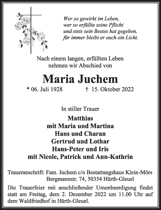 Anzeige von Maria Juchem von  Wochenende 