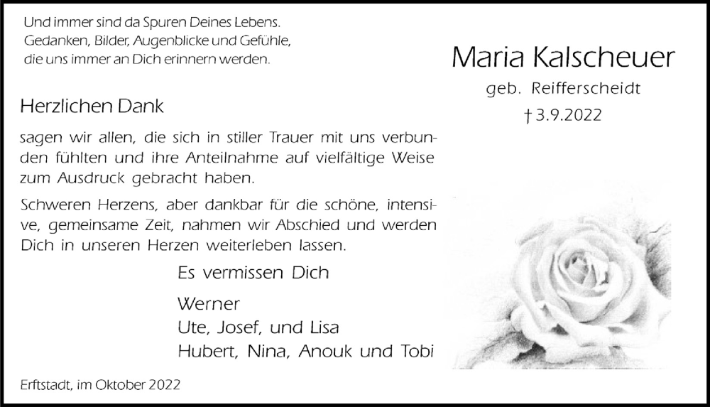  Traueranzeige für Maria Kalschauer vom 14.10.2022 aus  Werbepost 