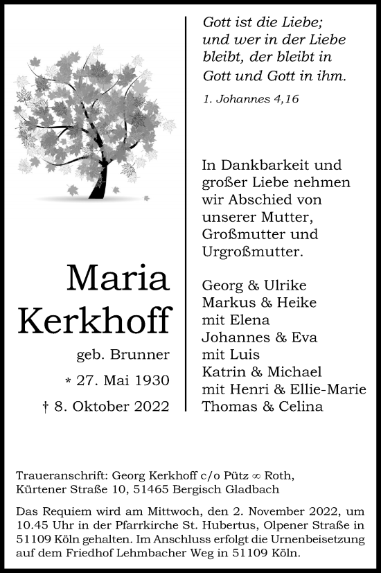 Anzeige von Maria Kerkhoff von Kölner Stadt-Anzeiger / Kölnische Rundschau / Express