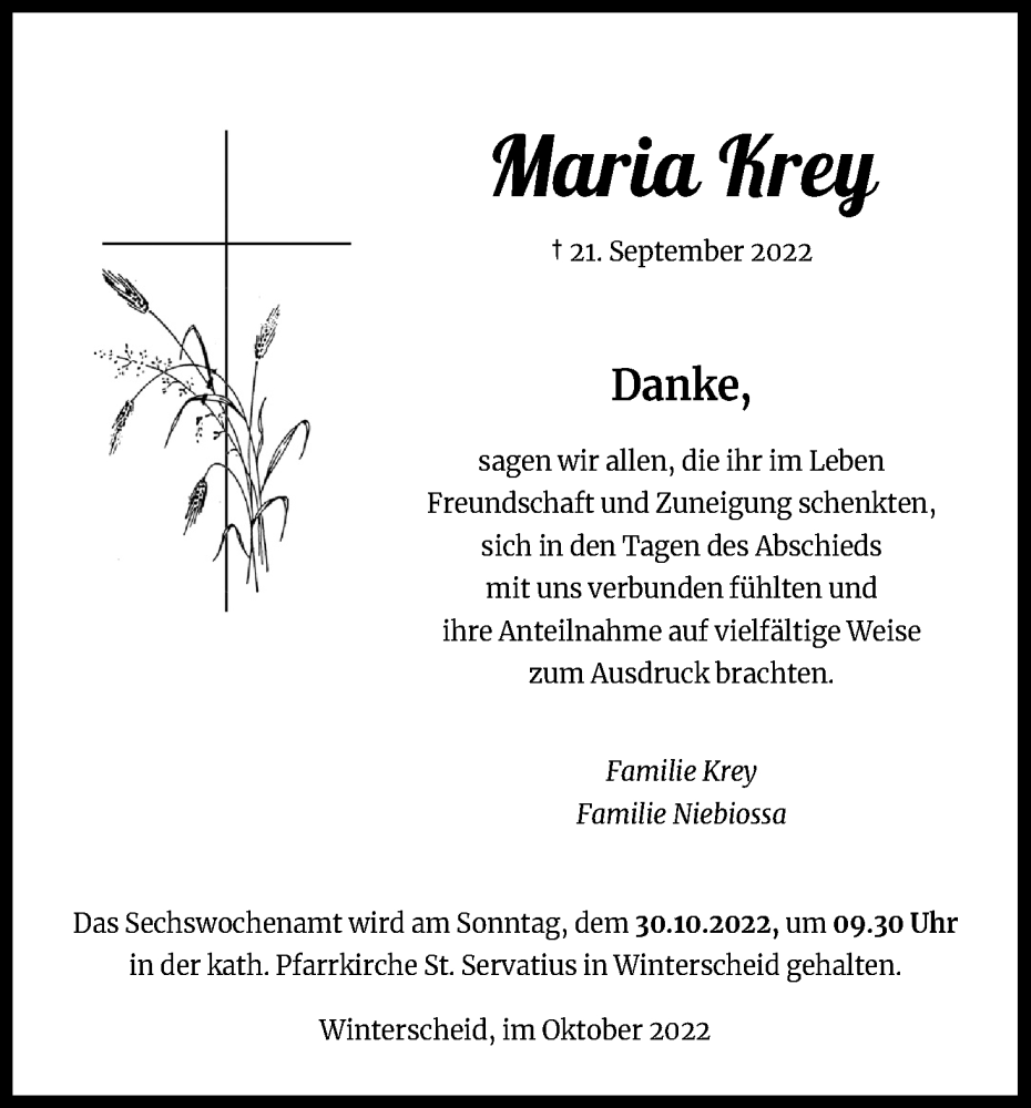  Traueranzeige für Maria Krey vom 24.10.2022 aus Kölner Stadt-Anzeiger / Kölnische Rundschau / Express