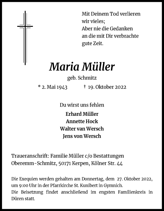 Anzeige von Maria Müller von Kölner Stadt-Anzeiger / Kölnische Rundschau / Express
