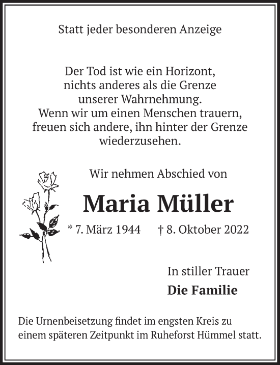 Anzeige von Maria Müller von  Wochenende 