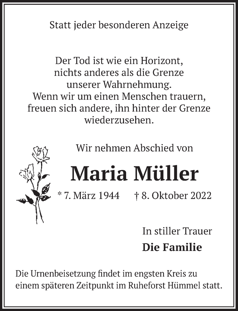  Traueranzeige für Maria Müller vom 14.10.2022 aus  Wochenende 