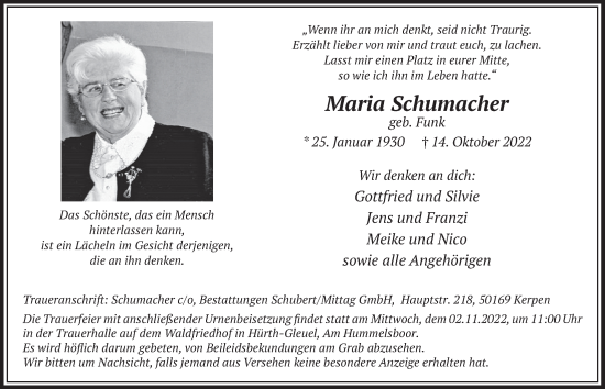 Anzeige von Maria Schumacher von  Wochenende 