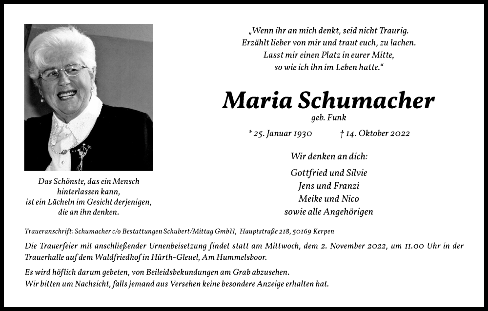  Traueranzeige für Maria Schumacher vom 22.10.2022 aus Kölner Stadt-Anzeiger / Kölnische Rundschau / Express