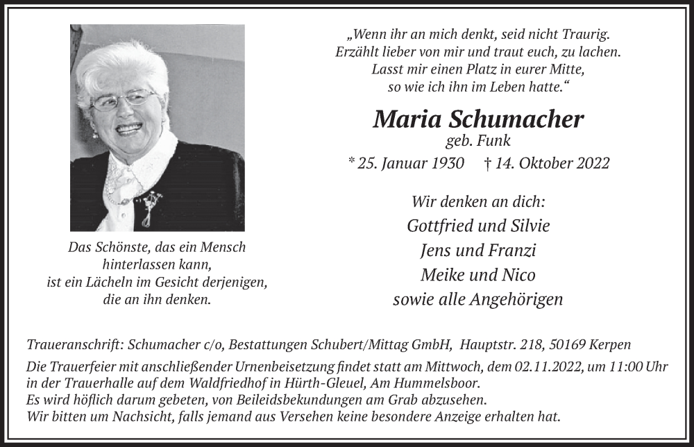  Traueranzeige für Maria Schumacher vom 21.10.2022 aus  Wochenende 