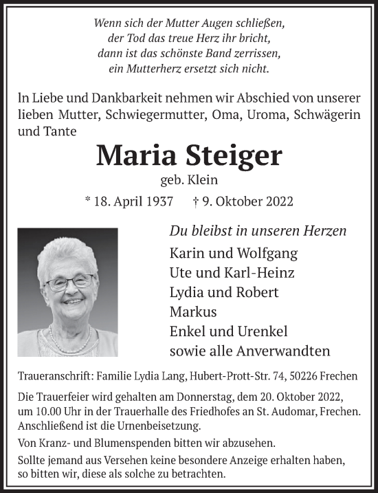Anzeige von Maria Steiger von  Wochenende 
