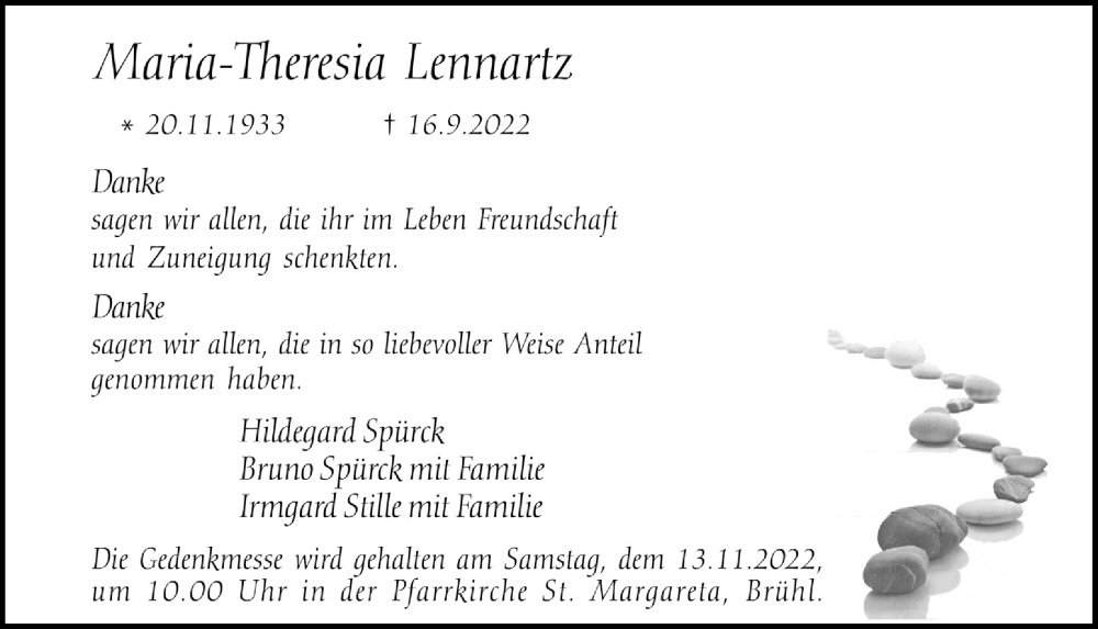  Traueranzeige für Maria-Theresia Lennartz vom 28.10.2022 aus  Schlossbote/Werbekurier 