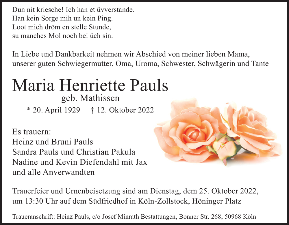  Traueranzeige für Maria Henriette Pauls vom 15.10.2022 aus Kölner Stadt-Anzeiger / Kölnische Rundschau / Express