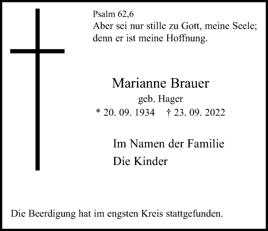 Anzeige von Marianne Brauer von Kölner Stadt-Anzeiger / Kölnische Rundschau / Express