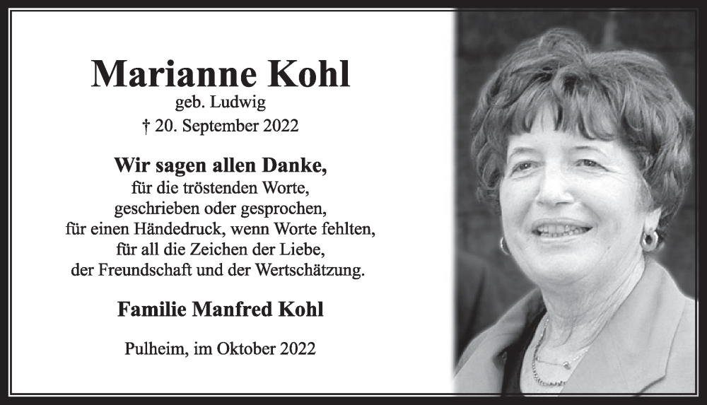  Traueranzeige für Marianne Kohl vom 21.10.2022 aus  Wochenende 