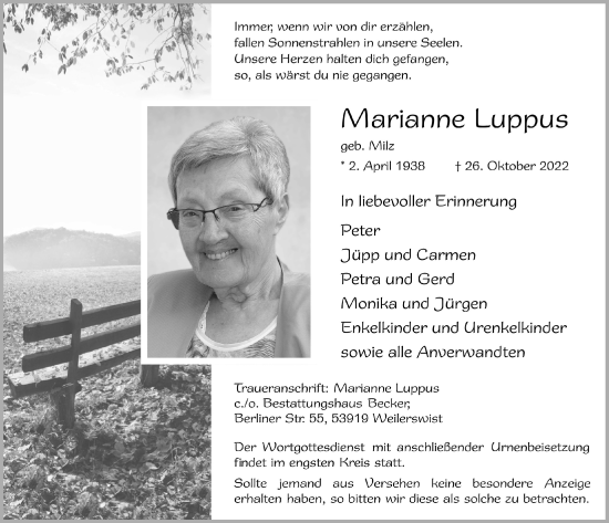 Anzeige von Marianne Luppus von  Blickpunkt Euskirchen 